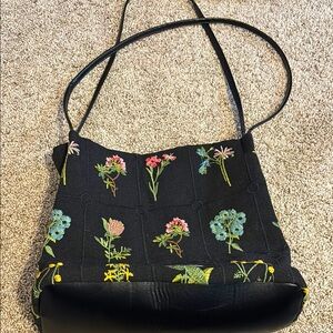 Floral Embroidered Black Shoulder Bag